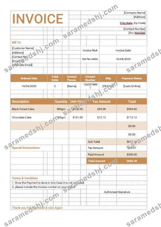 Cake Order Invoice Template